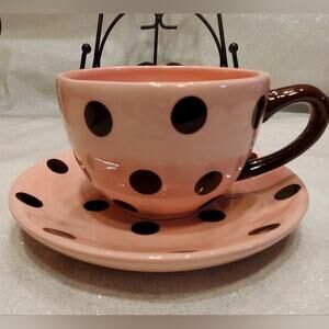 BARNES & Noble Cup & Saucer Pink with Brown Polka Dots Coffee Tea Mug